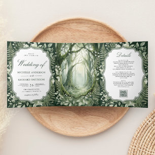 Watercolor Enchanted Forest QR Code Photo Wedding Tri-Fold Invitation