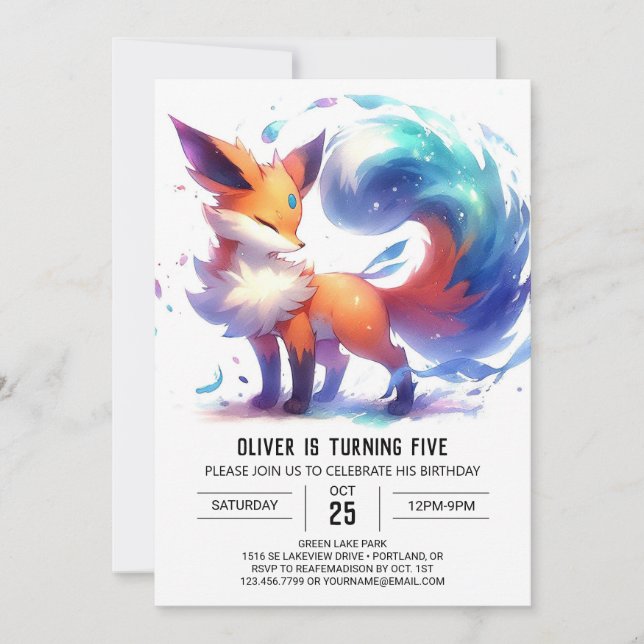 Watercolor Enchanted Fox Birthday Invitation (Front)