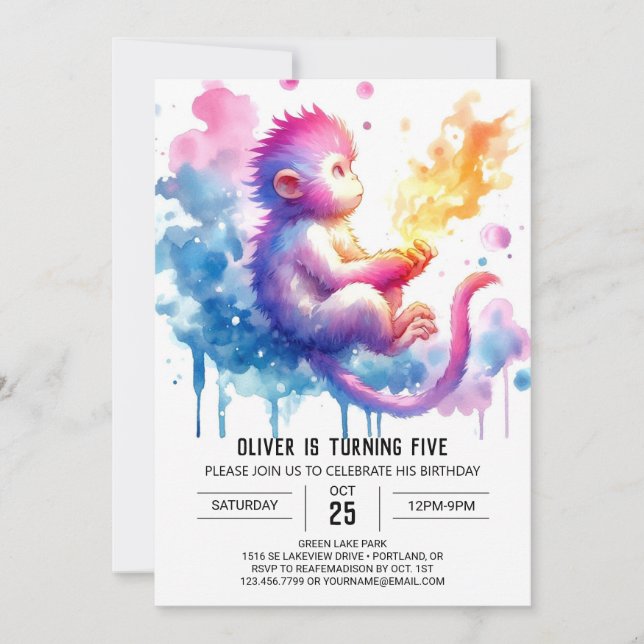 Watercolor Enchanted Monkey Birthday Invitation (Front)