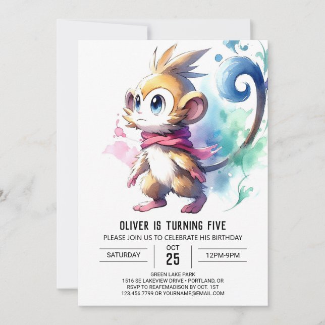  Watercolor Enchanted Monkey Birthday Invitation (Front)