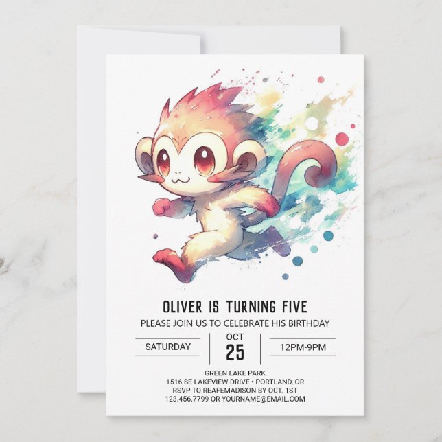 Watercolor Enchanted Monkey Birthday Invitation (Front)