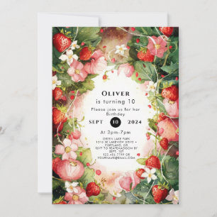 Watercolor Enchanted Simple Strawberry Birthday Invitation