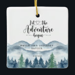 Watercolor Engagement Keepsake Ceramic Ornament<br><div class="desc">Celebrate the beginning of forever with this watercolor engagement ornament featuring the phrase Let the Adventure Begin. Personalised with the couple’s names and date, the design showcases soft watercolor mountains and forest trees — a symbol of nature, love, and new journeys. A meaningful keepsake or thoughtful gift for engaged couples...</div>