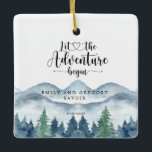 Watercolor Engagement Keepsake Ceramic Ornament<br><div class="desc">Celebrate the beginning of forever with this watercolor engagement ornament featuring the phrase Let the Adventure Begin. Personalised with the couple’s names and date, the design showcases soft watercolor mountains and forest trees — a symbol of nature, love, and new journeys. A meaningful keepsake or thoughtful gift for engaged couples...</div>