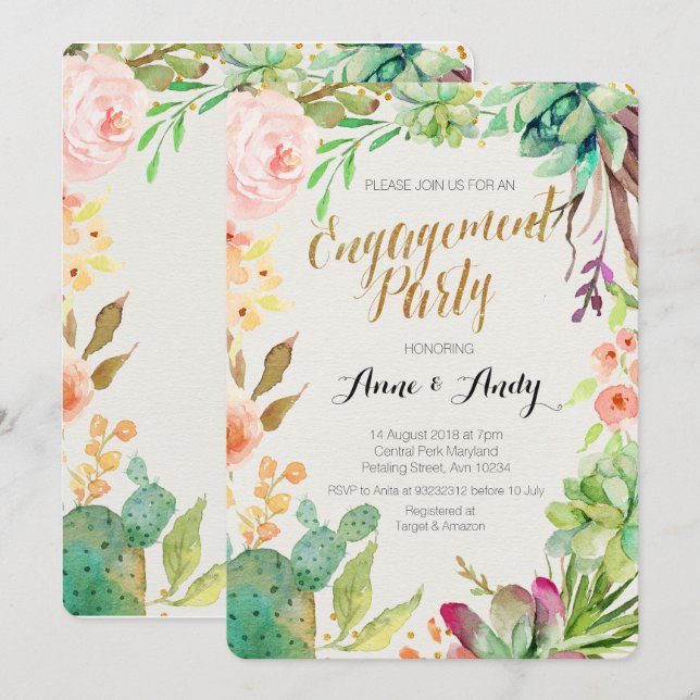 Watercolor Engagement Party invite Boho Succulents (Front/Back)