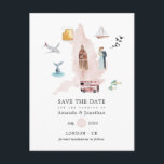 Watercolor England UK London Destination Wedding Announcement Postcard<br><div class="desc">Blush pink watercolor britain map wedding save the date postcard with accents of rose gold featuring famous icons of england. All elements are entirely customisable.</div>