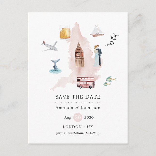 Watercolor England UK London Destination Wedding Announcement Postcard (Front)