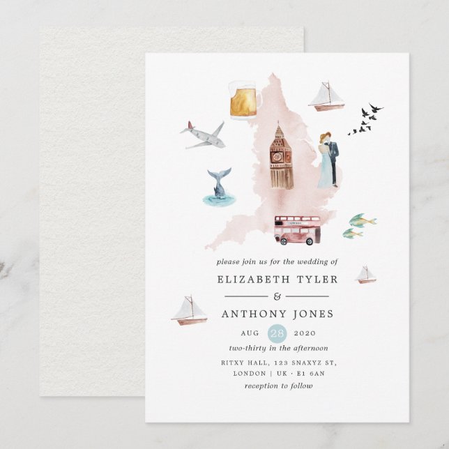 Watercolor England UK London Destination Wedding Invitation (Front/Back)