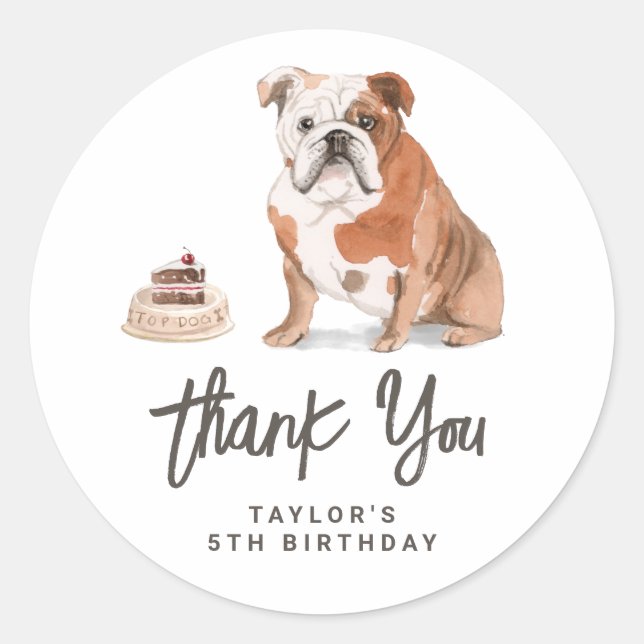 Watercolor English Bulldog Birthday Thank You Classic Round Sticker (Front)