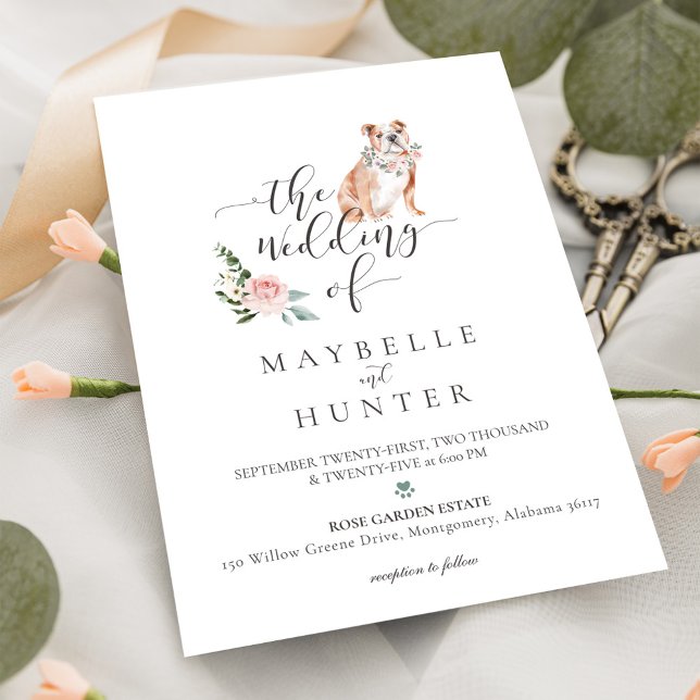 Watercolor English Bulldog Pet & Floral Pink Rose Invitation (Creator Uploaded)