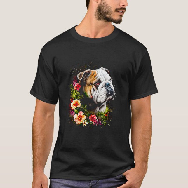 Watercolor English Bulldog with flowers  68 T-Shirt (Front)