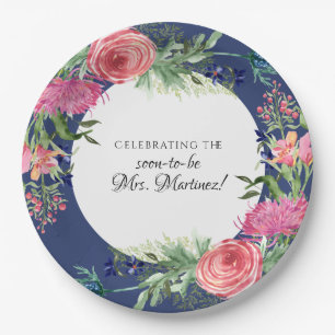 Watercolor English Garden Rose Pink n Navy Floral Paper Plate