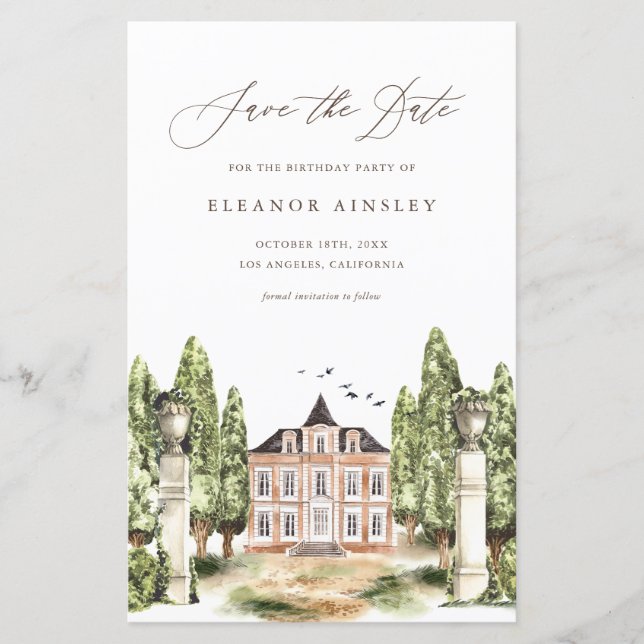 Watercolor English Manor Birthday Save the Date (Front)