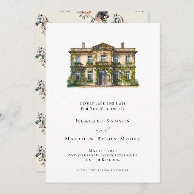 Watercolor English Manor Equestrian Wedding Save The Date (Front/Back)