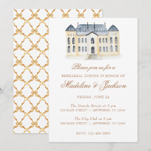 Watercolor English Manor Estate Rehearsal Dinner Invitation