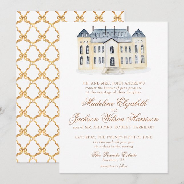 Watercolor English Manor Estate Wedding Invitation (Front/Back)