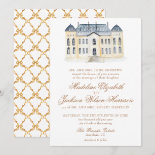 Watercolor English Manor Estate Wedding Invitation