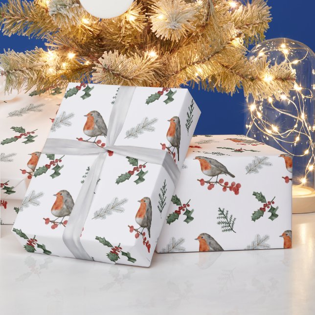 Watercolor English Robin Christmas Holiday Gift Wrapping Paper (Holidays)