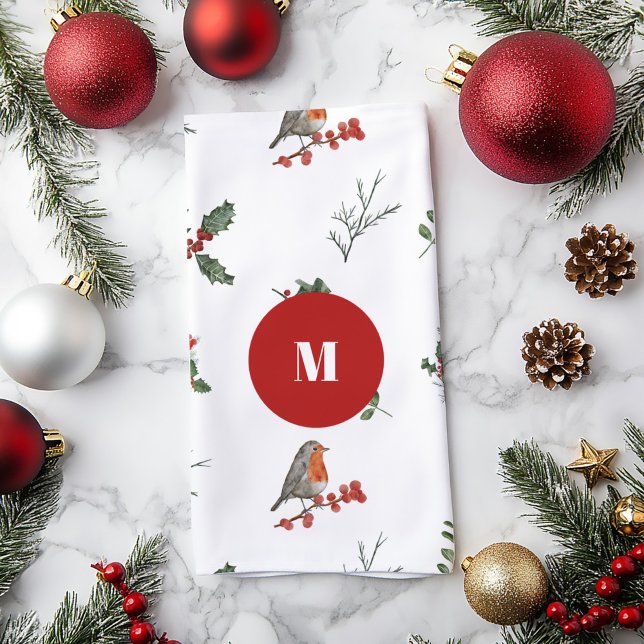 Watercolor English Robin Christmas Holiday  Tea Towel (Creator Uploaded)