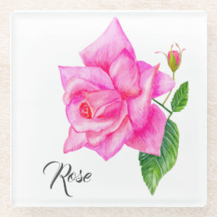 Watercolor English Rose Flower Glass Coaster