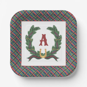 Watercolor Equestrian Laurel Wreath Monogram Paper Plate