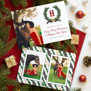 Watercolor Equestrian Laurel Wreath Monogram Photo Holiday Card