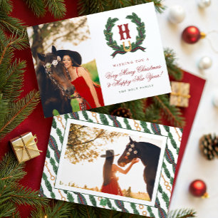 Watercolor Equestrian Laurel Wreath Monogram Photo Holiday Card