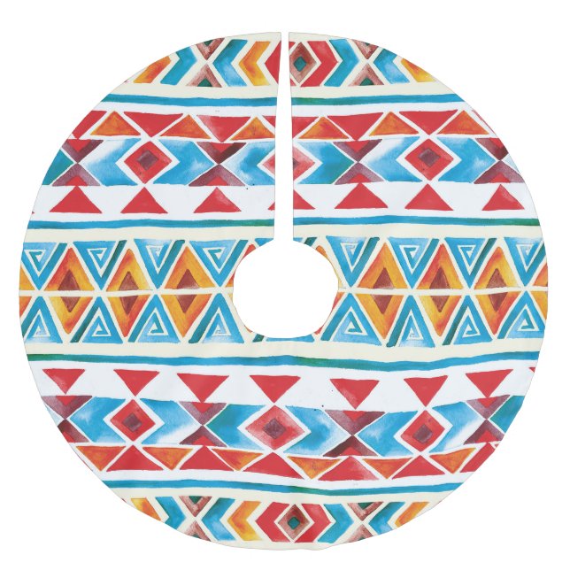 Watercolor ethnic geometric pattern. brushed polyester tree skirt (Front)