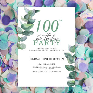 Watercolor eucalyptus 100th Birthday Invitation