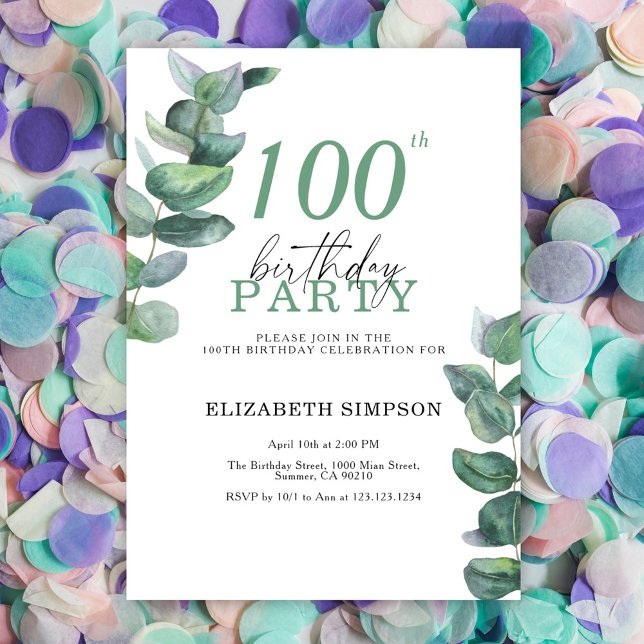 Watercolor eucalyptus 100th Birthday Invitation (Creator Uploaded)