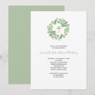 Watercolor Eucalyptus and Gold Cross Baptism Invitation