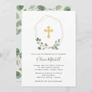 Watercolor Eucalyptus and Gold Cross   Baptism Invitation