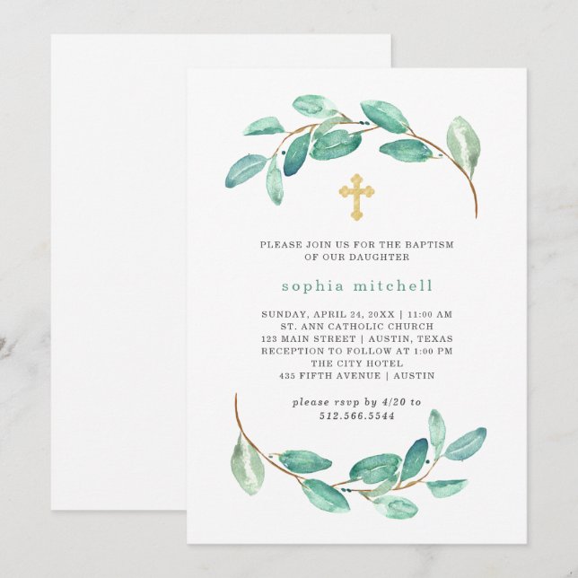 Watercolor Eucalyptus and Gold Cross | Baptism Invitation (Front/Back)