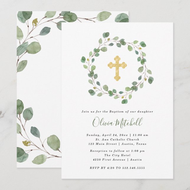 Watercolor Eucalyptus and Gold Cross | Baptism Invitation (Front/Back)