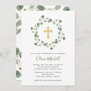 Watercolor Eucalyptus and Gold Cross Baptism Invitation