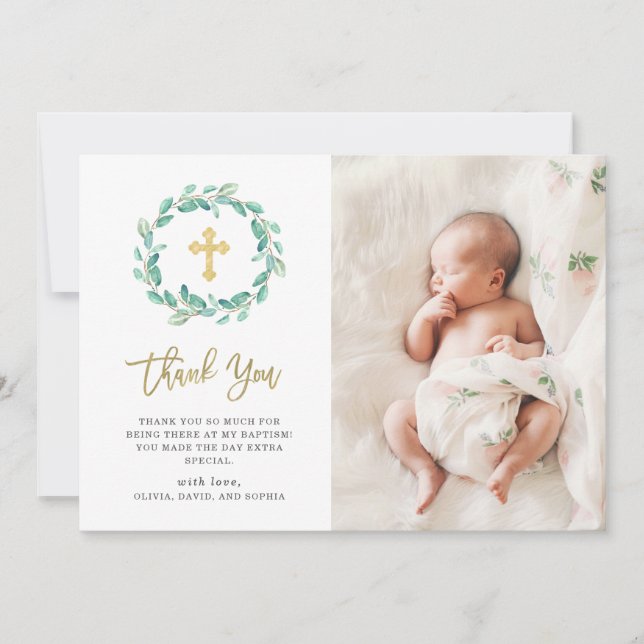 Watercolor Eucalyptus and Gold Cross | Baptism Thank You Card (Front)