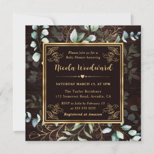 Watercolor Eucalyptus and gold frame Baby Shower Invitation