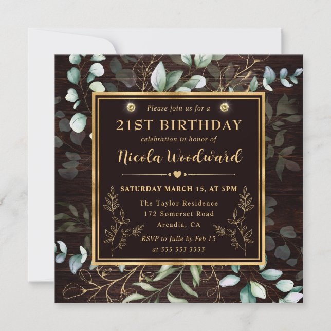 Watercolor Eucalyptus and gold frame Birthday Invitation (Front)