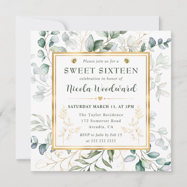 Watercolor Eucalyptus and gold frame Sweet 16 Invitation (Front)