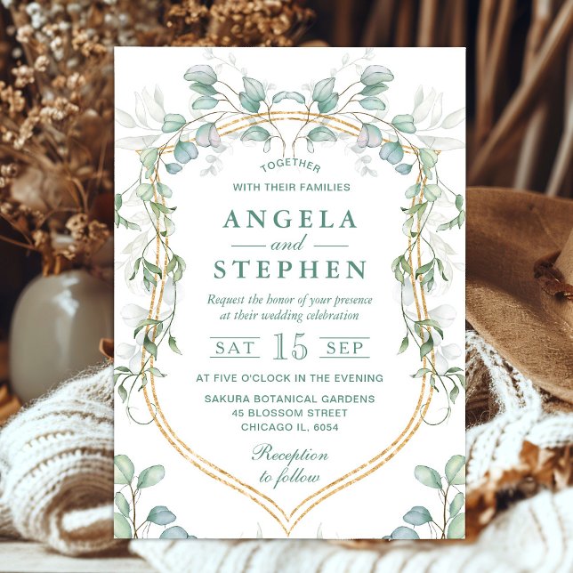 Watercolor Eucalyptus and Gold Frame Wedding Invitation (Creator Uploaded)