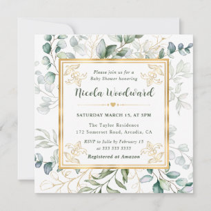 Watercolor Eucalyptus and gold glitter Baby Shower Invitation