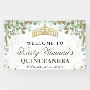 Watercolor Eucalyptus and Gold Glitter Quinceanera Banner