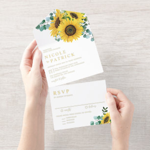 Watercolor Eucalyptus and Sunflowers Wedding All In One Invitation