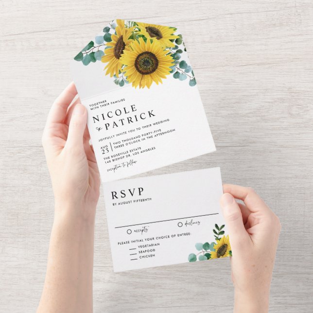 Watercolor Eucalyptus and Sunflowers Wedding All In One Invitation (Tearaway)