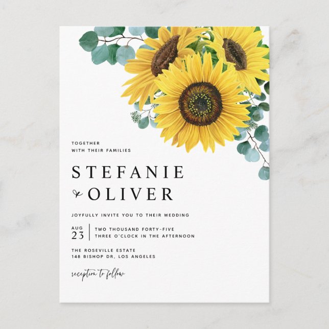 Watercolor Eucalyptus and Sunflowers Wedding Invitation Postcard (Front)