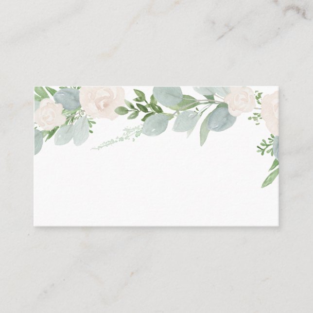 Watercolor Eucalyptus and White Flowers Wedding Place Card (Front)