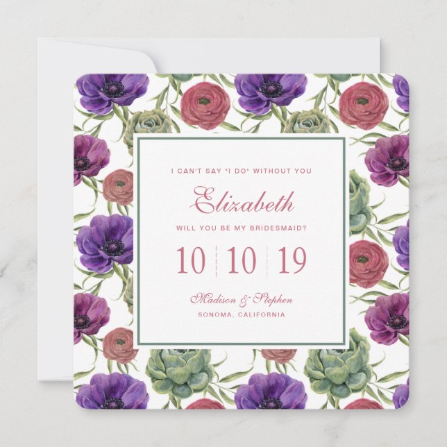Watercolor | Eucalyptus & Anemone - Bridesmaid Invitation (Front)