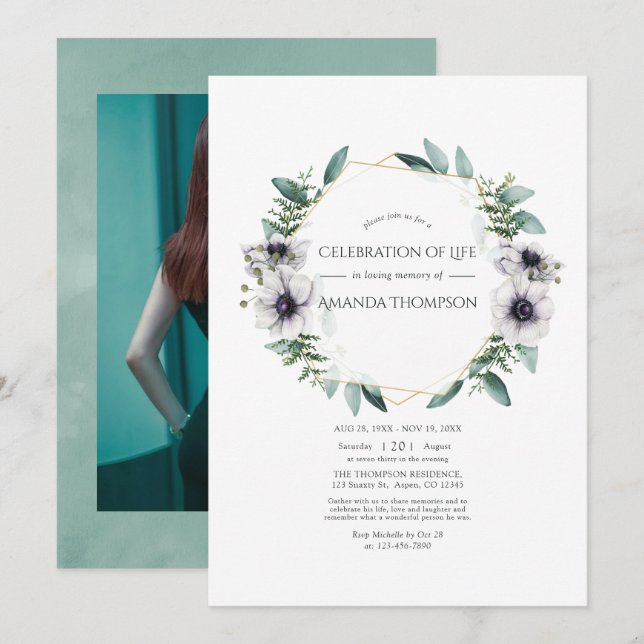 Watercolor Eucalyptus Anemone Celebration of Life Invitation (Front/Back)