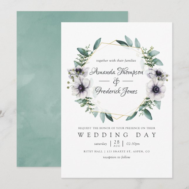Watercolor Eucalyptus Anemone Geometric Wedding Invitation (Front/Back)