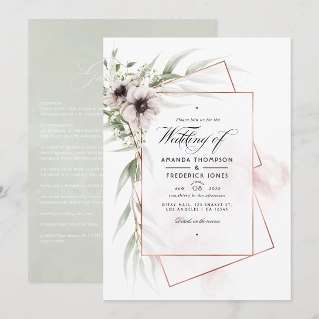 Watercolor Eucalyptus Anemone Geometric Wedding Invitation (Front/Back)